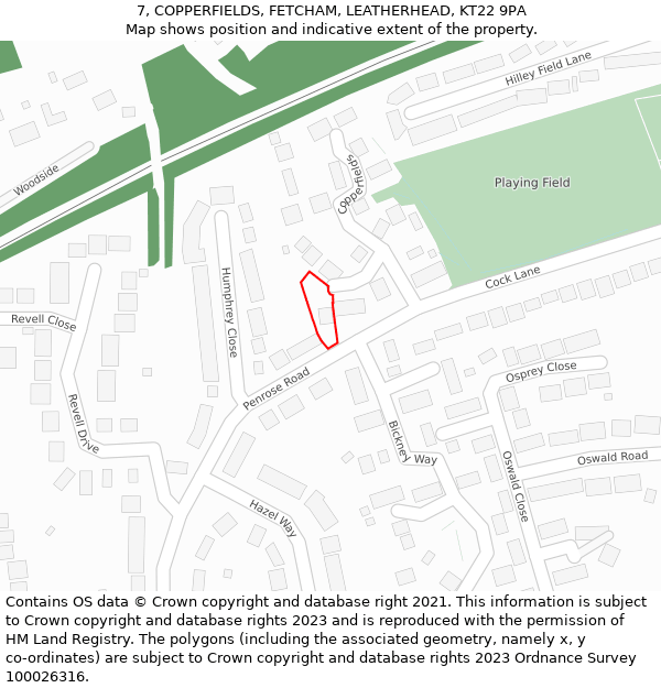 7, COPPERFIELDS, FETCHAM, LEATHERHEAD, KT22 9PA: Location map and indicative extent of plot