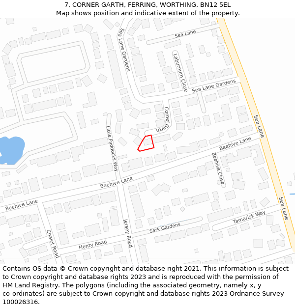 7, CORNER GARTH, FERRING, WORTHING, BN12 5EL: Location map and indicative extent of plot