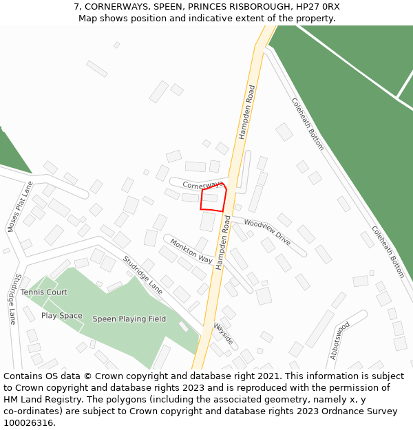 7, CORNERWAYS, SPEEN, PRINCES RISBOROUGH, HP27 0RX: Location map and indicative extent of plot