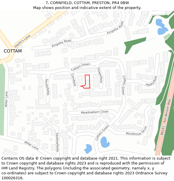 7, CORNFIELD, COTTAM, PRESTON, PR4 0BW: Location map and indicative extent of plot