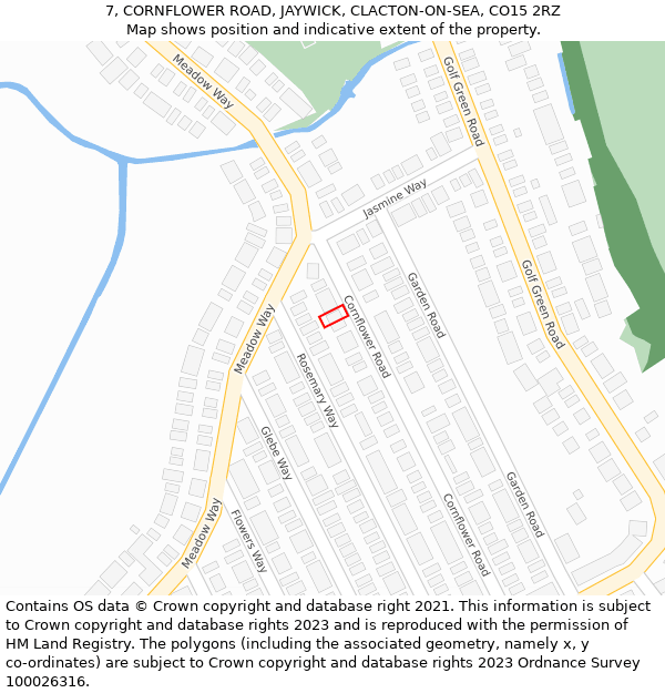 7, CORNFLOWER ROAD, JAYWICK, CLACTON-ON-SEA, CO15 2RZ: Location map and indicative extent of plot