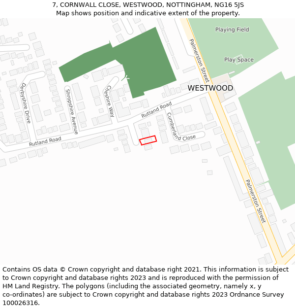 7, CORNWALL CLOSE, WESTWOOD, NOTTINGHAM, NG16 5JS: Location map and indicative extent of plot