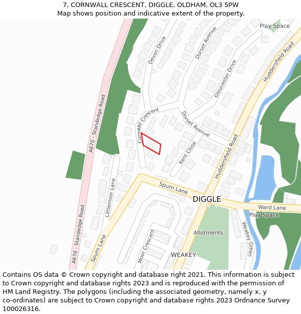 7, CORNWALL CRESCENT, DIGGLE, OLDHAM, OL3 5PW: Location map and indicative extent of plot