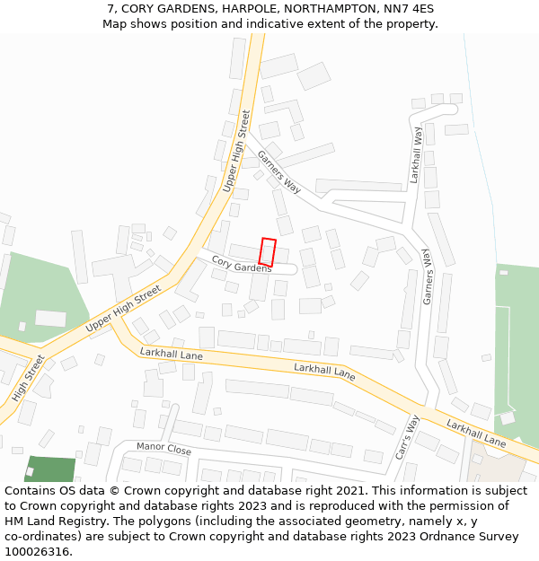 7, CORY GARDENS, HARPOLE, NORTHAMPTON, NN7 4ES: Location map and indicative extent of plot