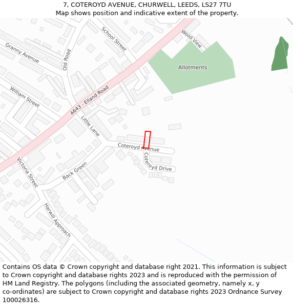 7, COTEROYD AVENUE, CHURWELL, LEEDS, LS27 7TU: Location map and indicative extent of plot