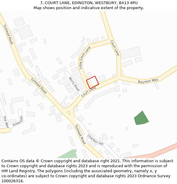 7, COURT LANE, EDINGTON, WESTBURY, BA13 4PU: Location map and indicative extent of plot