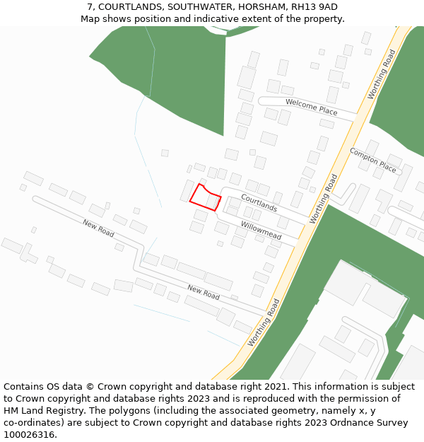 7, COURTLANDS, SOUTHWATER, HORSHAM, RH13 9AD: Location map and indicative extent of plot