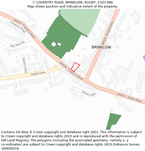 7, COVENTRY ROAD, BRINKLOW, RUGBY, CV23 0NE: Location map and indicative extent of plot