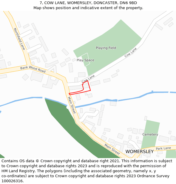 7, COW LANE, WOMERSLEY, DONCASTER, DN6 9BD: Location map and indicative extent of plot