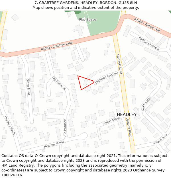 7, CRABTREE GARDENS, HEADLEY, BORDON, GU35 8LN: Location map and indicative extent of plot