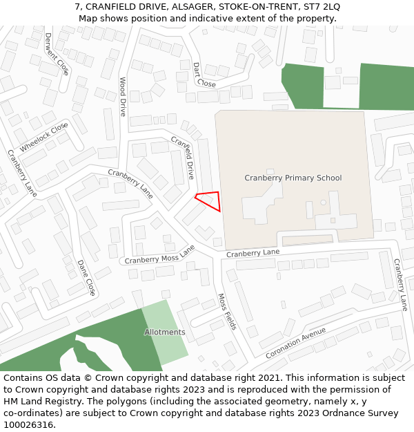 7, CRANFIELD DRIVE, ALSAGER, STOKE-ON-TRENT, ST7 2LQ: Location map and indicative extent of plot