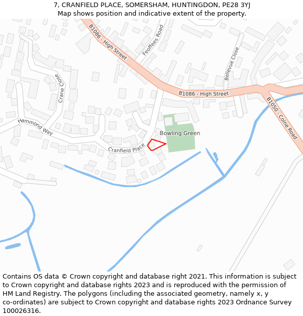 7, CRANFIELD PLACE, SOMERSHAM, HUNTINGDON, PE28 3YJ: Location map and indicative extent of plot