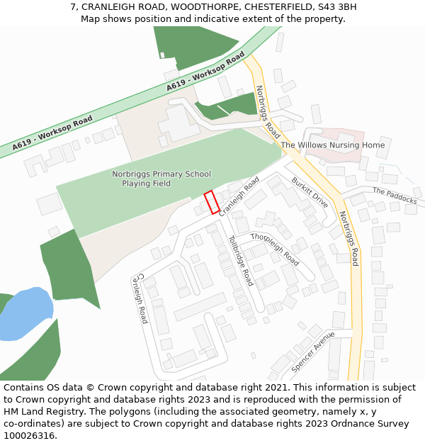 7, CRANLEIGH ROAD, WOODTHORPE, CHESTERFIELD, S43 3BH: Location map and indicative extent of plot