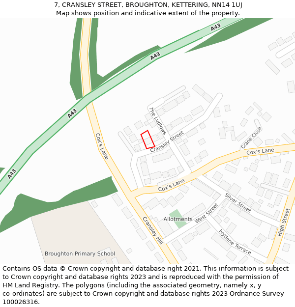7, CRANSLEY STREET, BROUGHTON, KETTERING, NN14 1UJ: Location map and indicative extent of plot