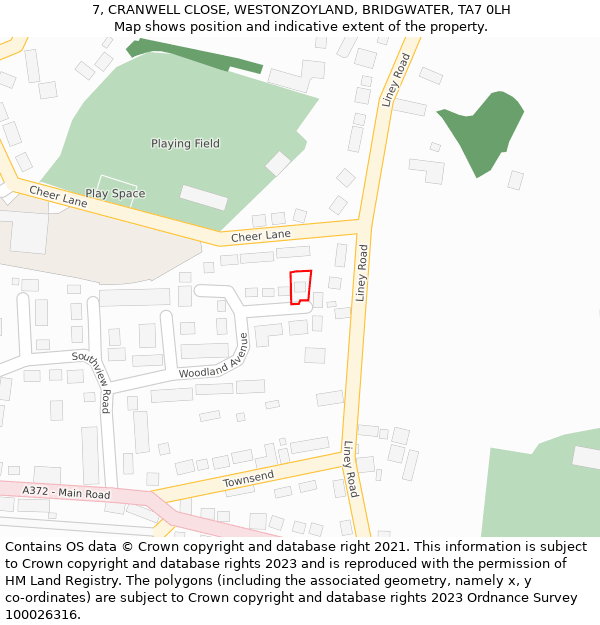 7, CRANWELL CLOSE, WESTONZOYLAND, BRIDGWATER, TA7 0LH: Location map and indicative extent of plot