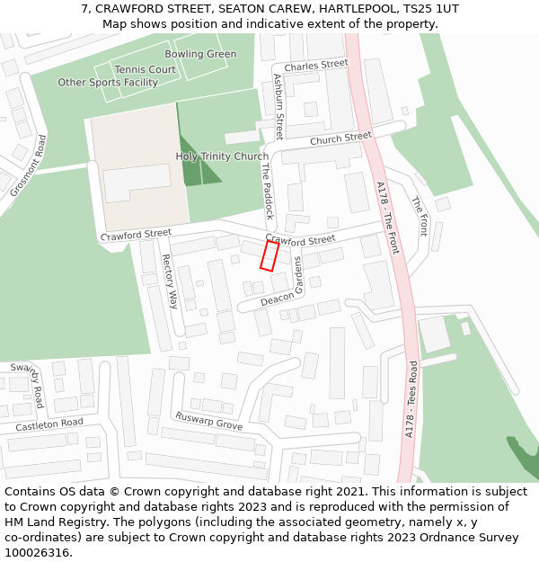 7, CRAWFORD STREET, SEATON CAREW, HARTLEPOOL, TS25 1UT: Location map and indicative extent of plot