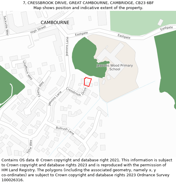 7, CRESSBROOK DRIVE, GREAT CAMBOURNE, CAMBRIDGE, CB23 6BF: Location map and indicative extent of plot