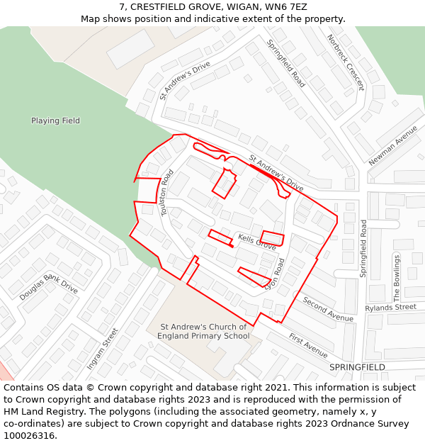 7, CRESTFIELD GROVE, WIGAN, WN6 7EZ: Location map and indicative extent of plot