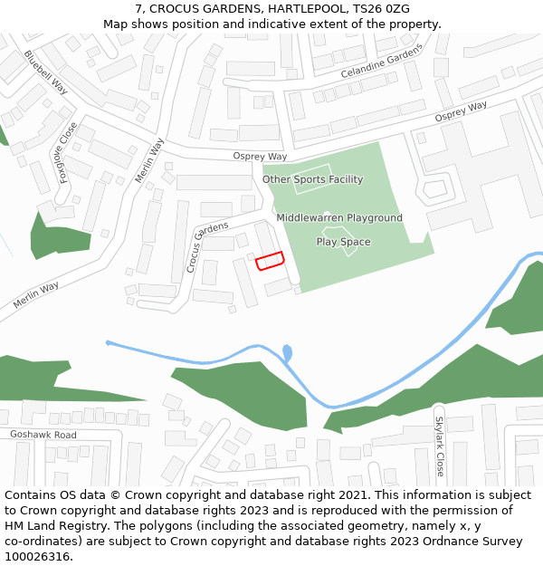 7, CROCUS GARDENS, HARTLEPOOL, TS26 0ZG: Location map and indicative extent of plot