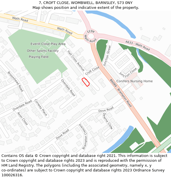 7, CROFT CLOSE, WOMBWELL, BARNSLEY, S73 0NY: Location map and indicative extent of plot