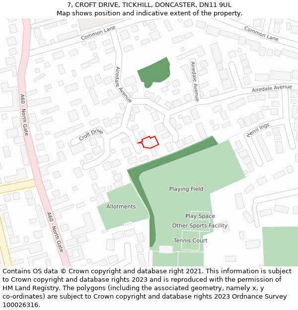 7, CROFT DRIVE, TICKHILL, DONCASTER, DN11 9UL: Location map and indicative extent of plot