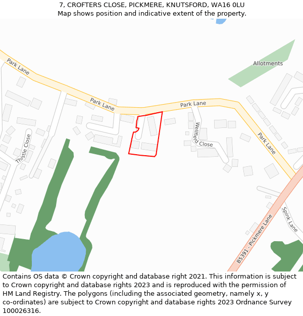 7, CROFTERS CLOSE, PICKMERE, KNUTSFORD, WA16 0LU: Location map and indicative extent of plot