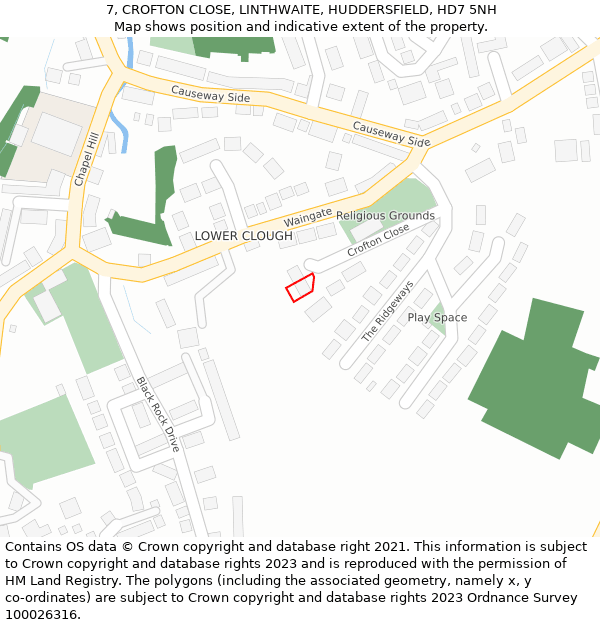 7, CROFTON CLOSE, LINTHWAITE, HUDDERSFIELD, HD7 5NH: Location map and indicative extent of plot