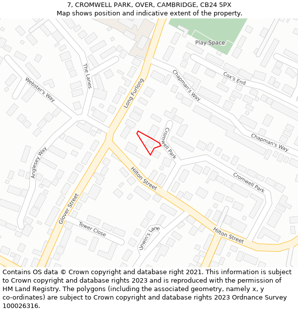 7, CROMWELL PARK, OVER, CAMBRIDGE, CB24 5PX: Location map and indicative extent of plot