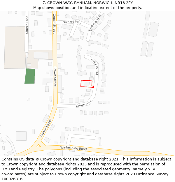 7, CROWN WAY, BANHAM, NORWICH, NR16 2EY: Location map and indicative extent of plot