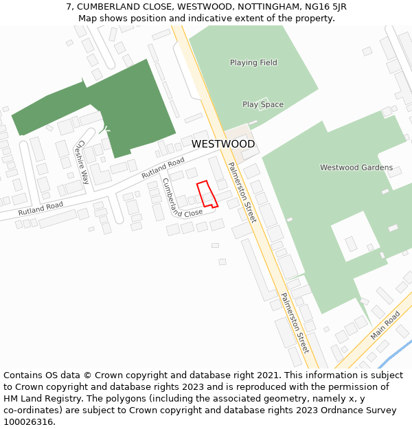 7, CUMBERLAND CLOSE, WESTWOOD, NOTTINGHAM, NG16 5JR: Location map and indicative extent of plot