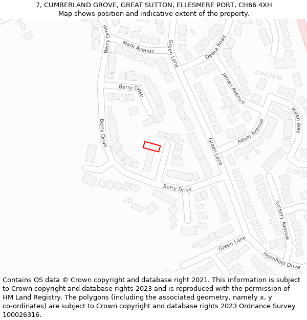 7, CUMBERLAND GROVE, GREAT SUTTON, ELLESMERE PORT, CH66 4XH: Location map and indicative extent of plot