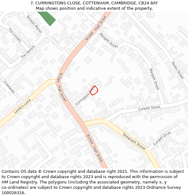 7, CURRINGTONS CLOSE, COTTENHAM, CAMBRIDGE, CB24 8AY: Location map and indicative extent of plot