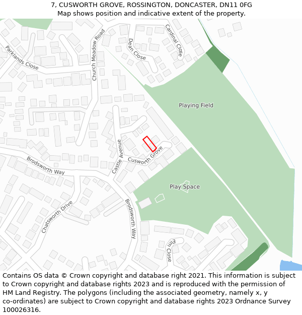 7, CUSWORTH GROVE, ROSSINGTON, DONCASTER, DN11 0FG: Location map and indicative extent of plot