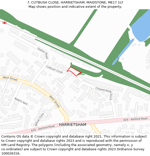 7, CUTBUSH CLOSE, HARRIETSHAM, MAIDSTONE, ME17 1LY: Location map and indicative extent of plot