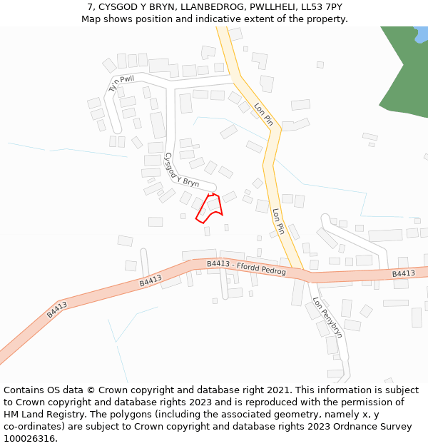 7, CYSGOD Y BRYN, LLANBEDROG, PWLLHELI, LL53 7PY: Location map and indicative extent of plot