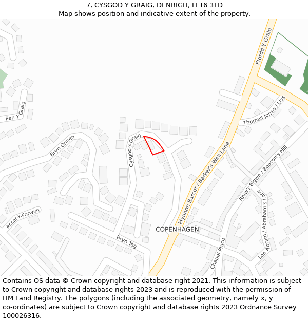 7, CYSGOD Y GRAIG, DENBIGH, LL16 3TD: Location map and indicative extent of plot