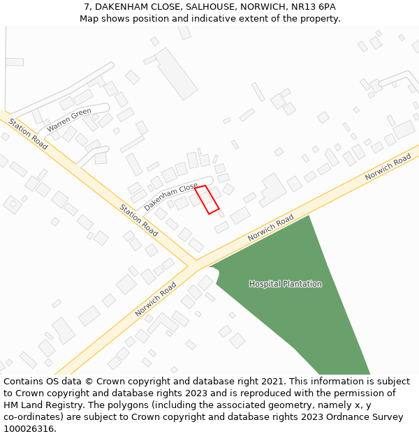 7, DAKENHAM CLOSE, SALHOUSE, NORWICH, NR13 6PA: Location map and indicative extent of plot