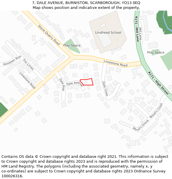 7, DALE AVENUE, BURNISTON, SCARBOROUGH, YO13 0EQ: Location map and indicative extent of plot