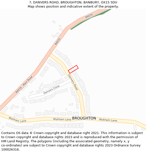 7, DANVERS ROAD, BROUGHTON, BANBURY, OX15 5DU: Location map and indicative extent of plot