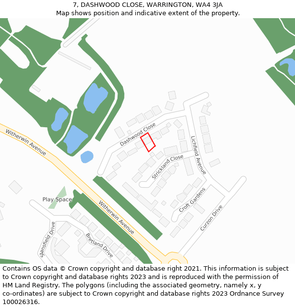 7, DASHWOOD CLOSE, WARRINGTON, WA4 3JA: Location map and indicative extent of plot