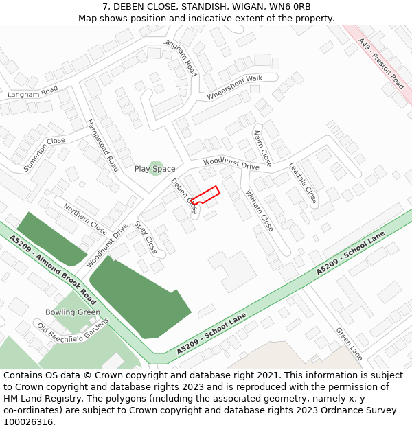 7, DEBEN CLOSE, STANDISH, WIGAN, WN6 0RB: Location map and indicative extent of plot