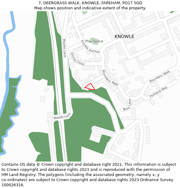 7, DEERGRASS WALK, KNOWLE, FAREHAM, PO17 5GD: Location map and indicative extent of plot