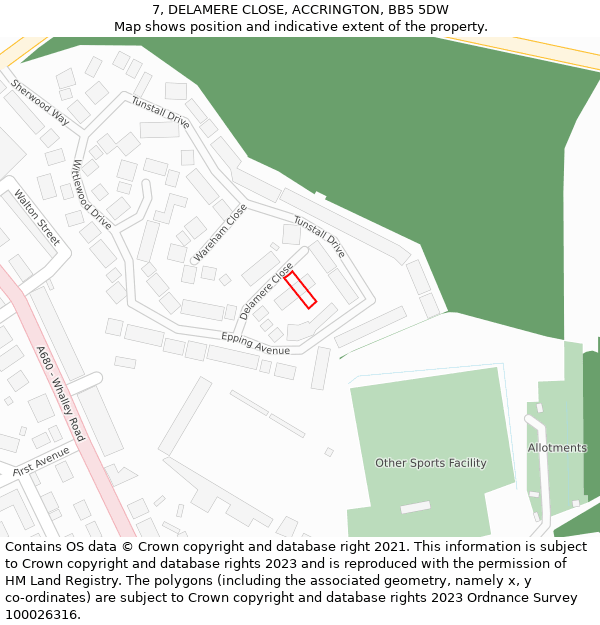7, DELAMERE CLOSE, ACCRINGTON, BB5 5DW: Location map and indicative extent of plot
