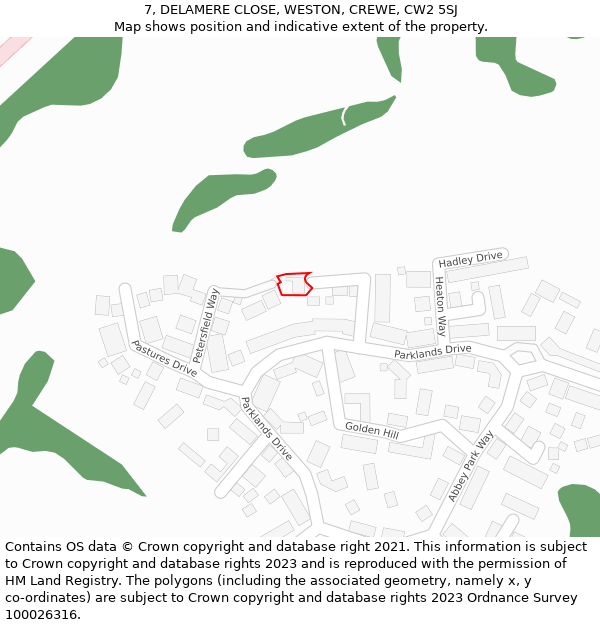 7, DELAMERE CLOSE, WESTON, CREWE, CW2 5SJ: Location map and indicative extent of plot