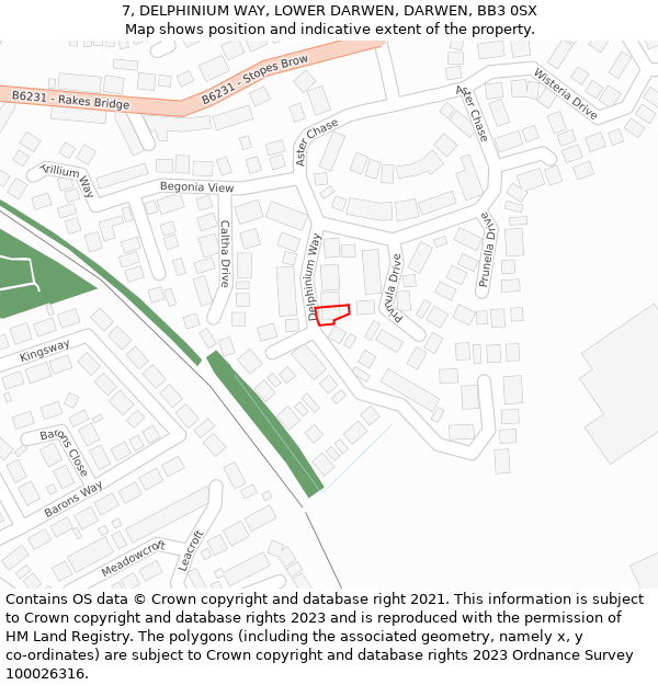 7, DELPHINIUM WAY, LOWER DARWEN, DARWEN, BB3 0SX: Location map and indicative extent of plot