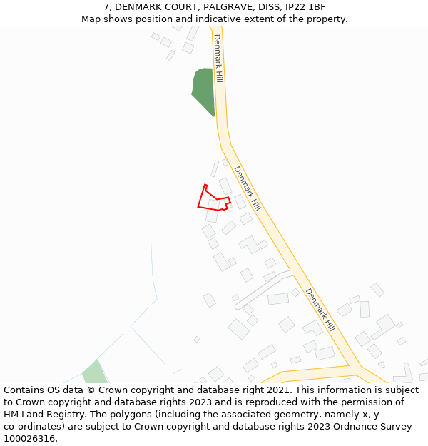 7, DENMARK COURT, PALGRAVE, DISS, IP22 1BF: Location map and indicative extent of plot