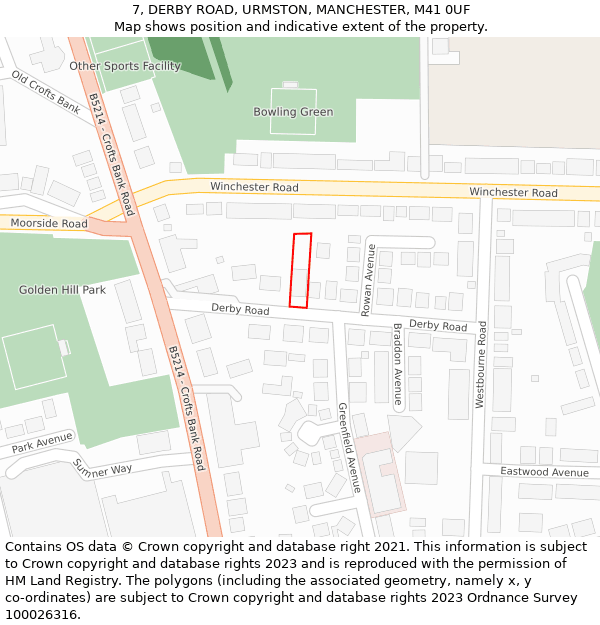 7, DERBY ROAD, URMSTON, MANCHESTER, M41 0UF: Location map and indicative extent of plot