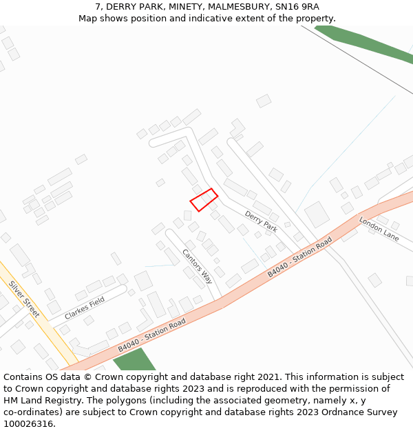 7, DERRY PARK, MINETY, MALMESBURY, SN16 9RA: Location map and indicative extent of plot