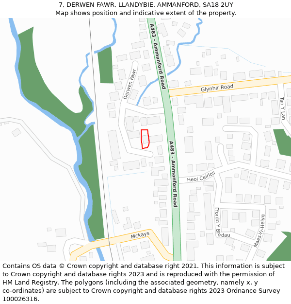 7, DERWEN FAWR, LLANDYBIE, AMMANFORD, SA18 2UY: Location map and indicative extent of plot