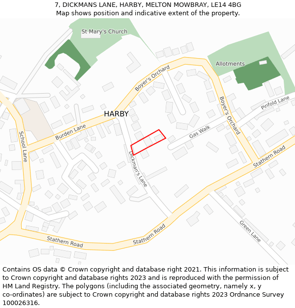 7, DICKMANS LANE, HARBY, MELTON MOWBRAY, LE14 4BG: Location map and indicative extent of plot